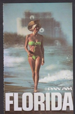 ALTE WERBEPOSTKARTE PAN AM AIRLINES FLORIDA DAME IM BIKINI AM STRAND USA