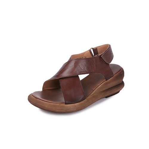 Retro Damen Plateau Echtleder offene Zehenpartie hoher Keilabsatz Sandalen Fersenriemen Gr. - Bild 7 von 19