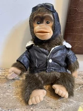 Vintage Hosung Monkey Chimp Stuffed Hand Puppet 1984 Aviator Pilot Squeaks Plush