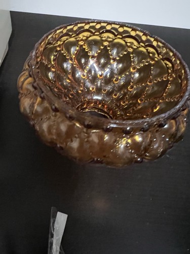 Vintage Quilted Diamonds Beaded Amber Glass Hurricane Lamp Shade 3 3/4” Fitter - Picture 7 of 10