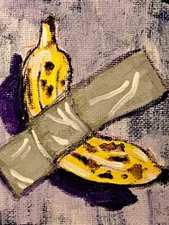 Yellow Purple acrylic & ink "Banana Art" on 4x4 Mini canvas 1/1 Limited Signed