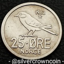 Norway 🇳🇴 25 Ore 1962. KM#407. 25 Cents coin. Olav V. Bird. Siberian Tit.