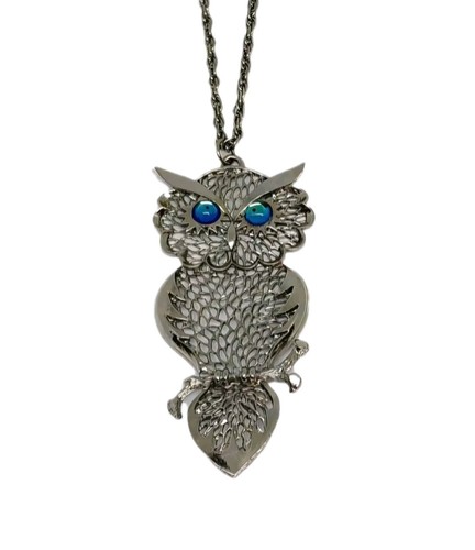Mid Century Modern große Eule Anhänger Halskette silberfarben lange Kette  - Bild 1 von 5