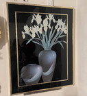 Vintage 80s Mirror Artwork Black Blue Florals Gold Frame
