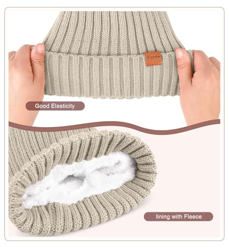 Conjunto de guantes gorro de invierno para mujer, forrado de vellón tejido cálido pompón talla única avena - Imagen 3 de 6