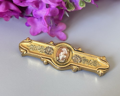 "Antiguo broche prendedor de barra camafeo victoriano relleno de oro 2,4"" L siglo XIX" - Imagen 3 de 19