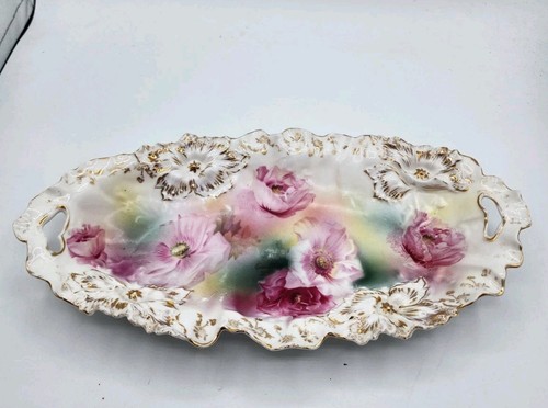 Antique RS Prussia Porcelain Celery Dish Floral Pink Flowers 2 Handle Oval 11.75 - Picture 2 of 7