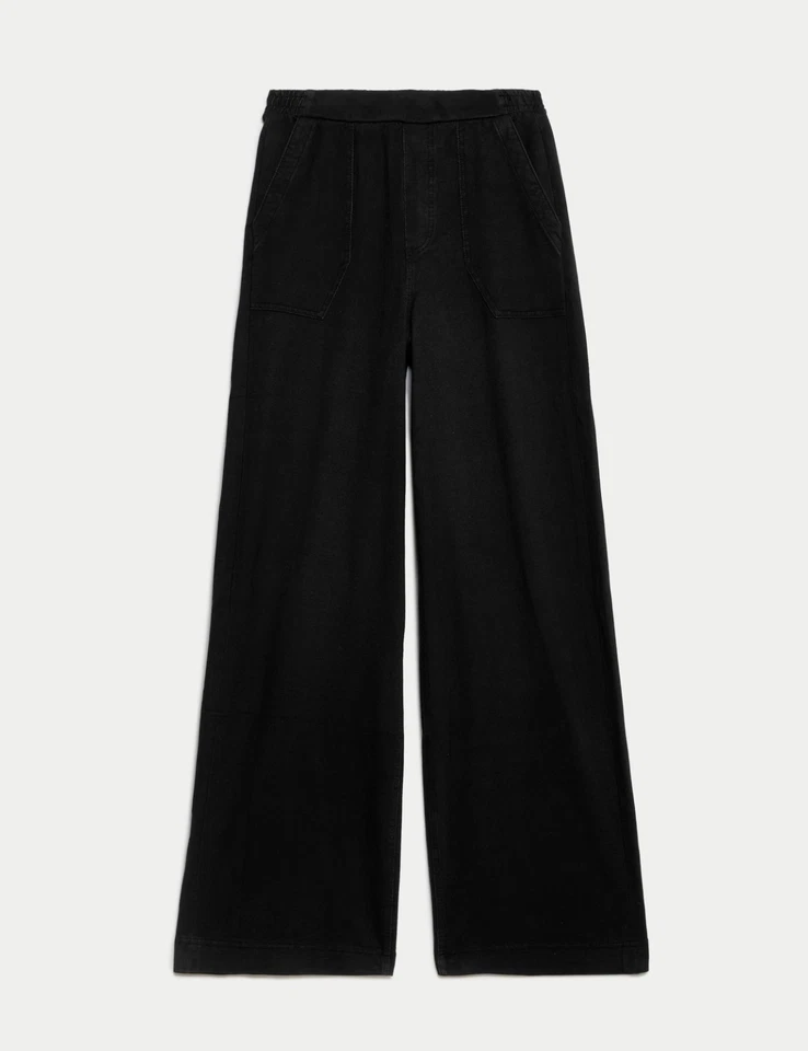 EX M&S Trouser Wide Leg Denim Jersey Ladies Elasticated Waist Pants Pocket Women - Image 3 of 4