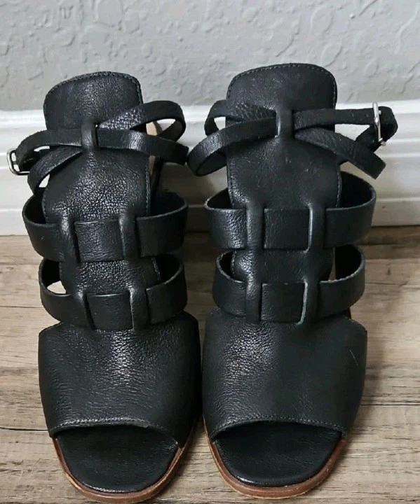 Sandalias Via Spiga Brandina de cuero negro punta abierta 4" tacón bloque talla 8 Foto 2 de 4