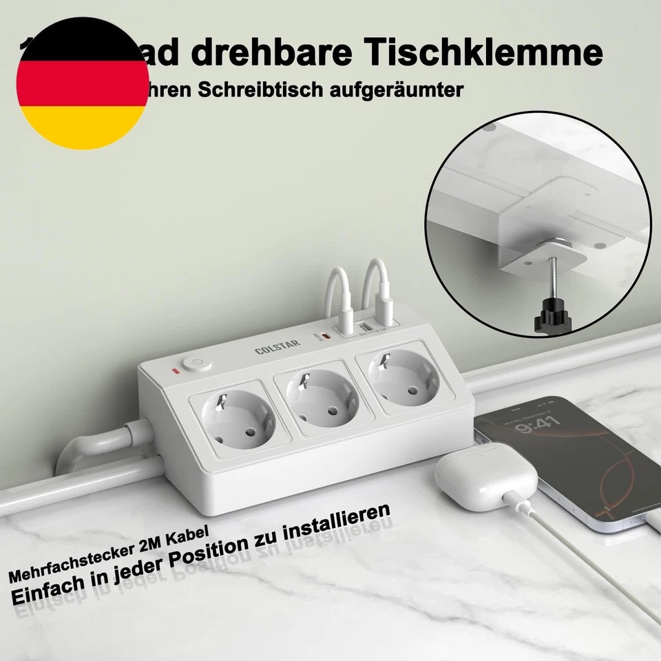 Steckdosenleiste Schreibtisch Mit USB C PD 20W, 3 Fach Mehrfachsteckdose Mit 2M - Bild 2 von 4