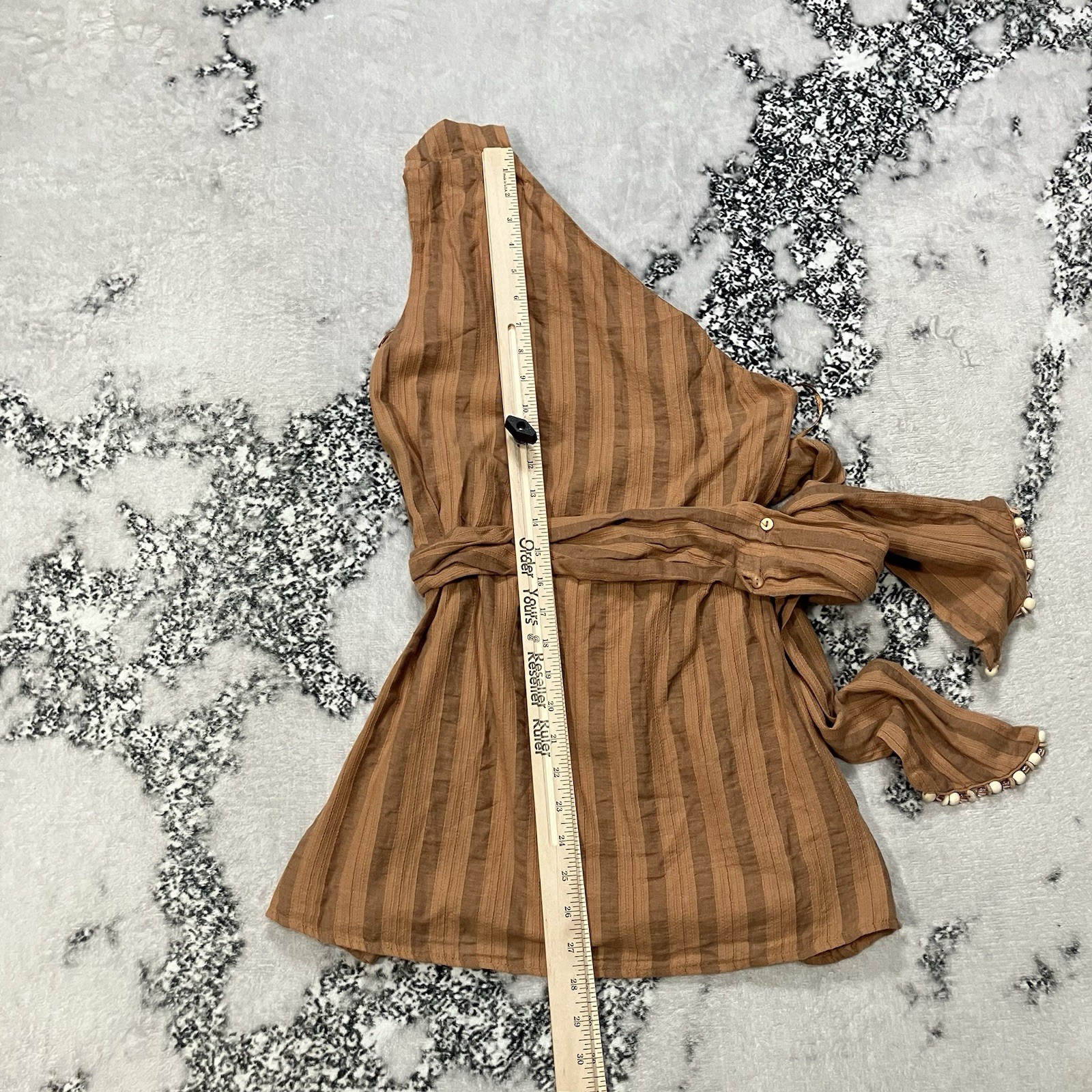 Zara One Shoulder Top NWT Striped Brown Tie Waist Beaded Sleeve Womens Sz XS thumbnail 2