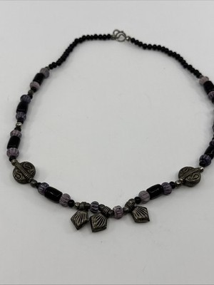 Artisan Made Amethyst Black glass beads Silvertone Hook Closure Native American