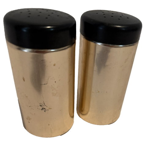 Vintage Nasco Italy MCM Aluminum Salt &Pepper Shakers Set Coppertone Black Lids - Picture 3 of 6