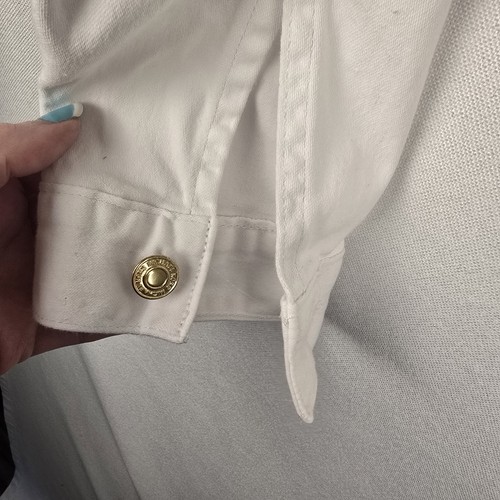 Michael Kors Womens Denim Jacket Large White Cropped Gold Button Logo Classic - Picture 9 of 14