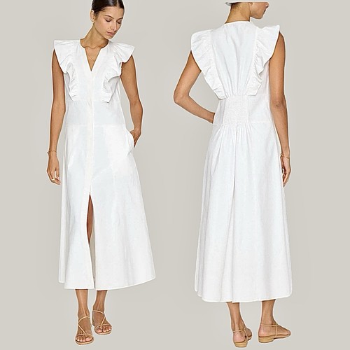 NEW Brochu Walker The Aurora Ruffle Midi Dress Pockets Cotton White Women Size L - Picture 2 of 12