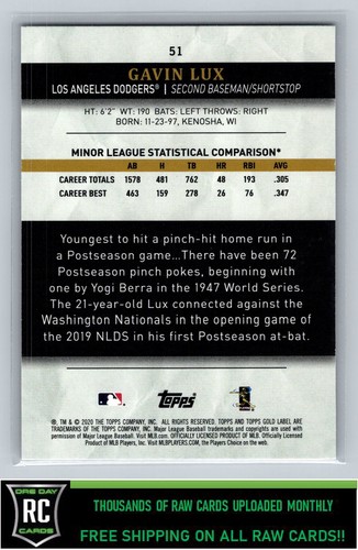 2020 Topps Gold Label Gavin Lux #51 Rookie Los Angeles Dodgers - Picture 2 of 2