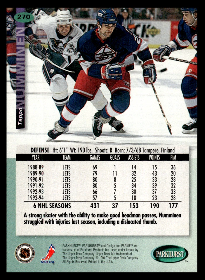 1994-95 Parkhurst Teppo Numminen #270 Winnipeg Jets NHL Hockey Base Set - Image 2 of 2