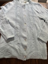 Vtg 60s Billie Jo Cardigan Pointelle Details Light Blue S/M Grandma Chic