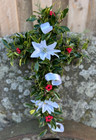 Fresh Christmas Holly Cross 18" Grave Door Decoration Xmas White Poinsettia