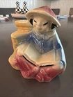 Shawnee Pottery 574 Reading Asian Girl Planter Blue Shirt Red Hat 4"