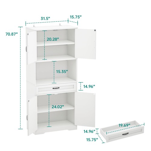 70" Tall Storage Cabinet, White Pantry Cabinet with Doors and Drawer, Modern ... - Picture 2 of 7