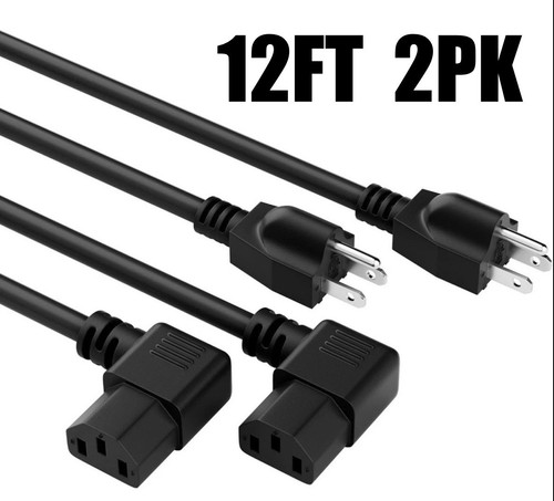 2pk 3 Prong AC Power Cord 12FT - 10A 300V angle 90 Degrees Computer Cable NEW - Afbeelding 1 van 7