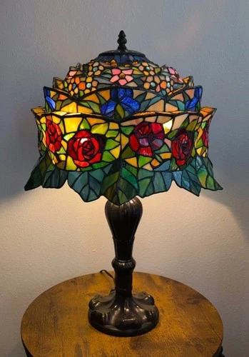 STUNNING Vintage TIFFANY STYLE Table Lamp Elaborate Shade Stained Glass 23"🌹