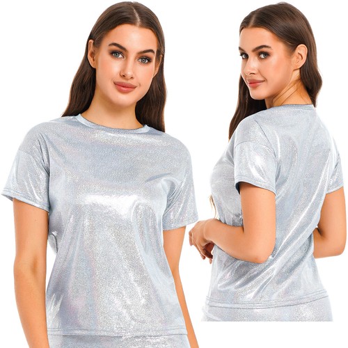 Women's Shiny Tank Tops Holographic Long/Short Sleeve Metallic Shirt Street-wear - 第 26/165 張圖片