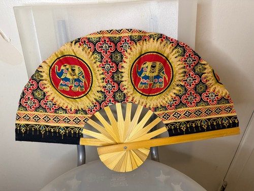 Fan Black Thai Folding Elephant Hand Wooden Thailand Home Decor พัดช้างสีดำแดง - Picture 4 of 17