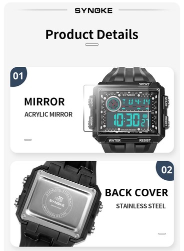 1pc Men's Digital Sports Watch Waterproof Shock Resist Large Screen Wristwatches - Picture 11 of 17