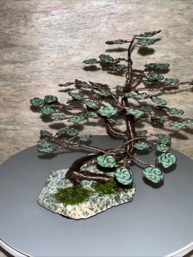 Handmade Twisted Wire Tree Laying Moss Agate Stone 4 1/2” T Brown W Green Leaves - Picture 3 of 14