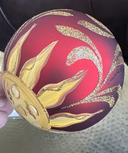 Ornamento sfera vetro passamaneria Dillard's dipinto a mano Italia 2010 volto rosso sole - Foto 6 di 10