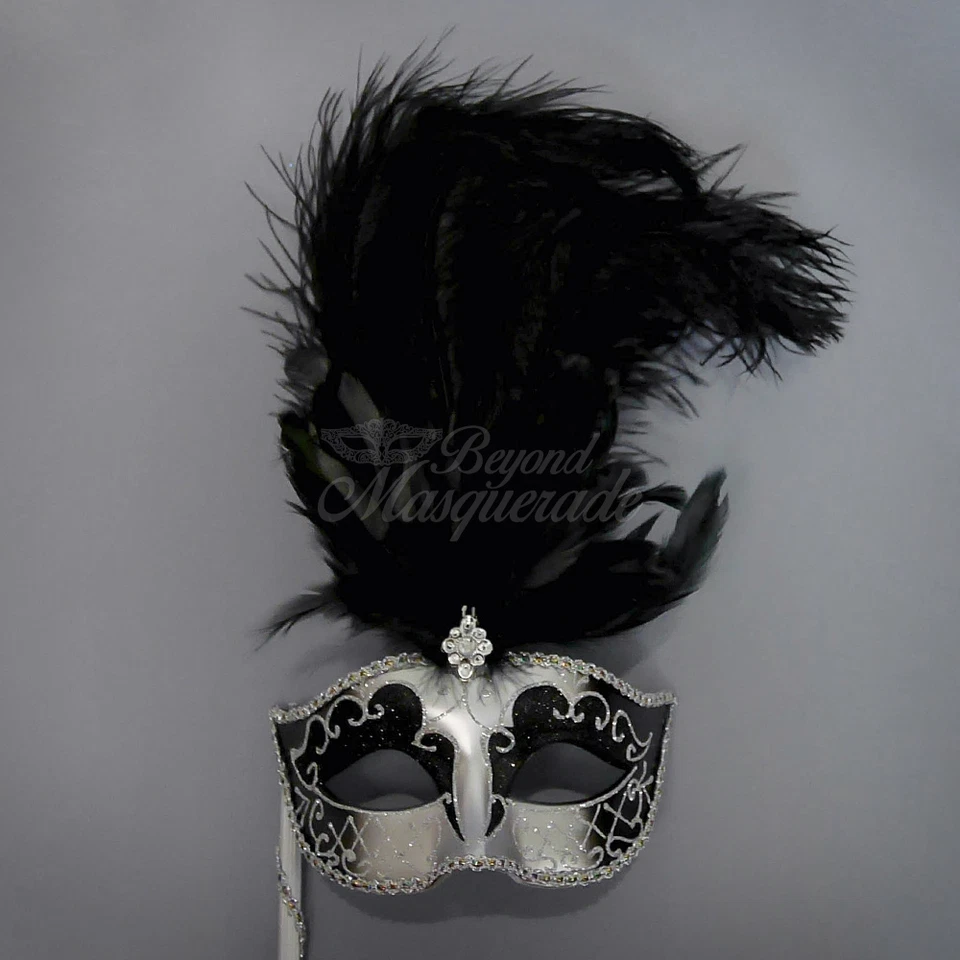 Handheld Stick Venetian Masquerade Mask for Women M6150 - Black/Silver - Image 2 of 4