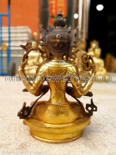 Estatua Guanyin de cuatro brazos budista de bronce antiguo budista Amitabha 8 pulgadas - Imagen 3 de 5