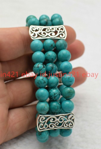 Natural 3 Rows 8mm Blue Turquoise Gems Stretch Tibetan Silver Bracelet 7.5'' - Picture 8 of 12