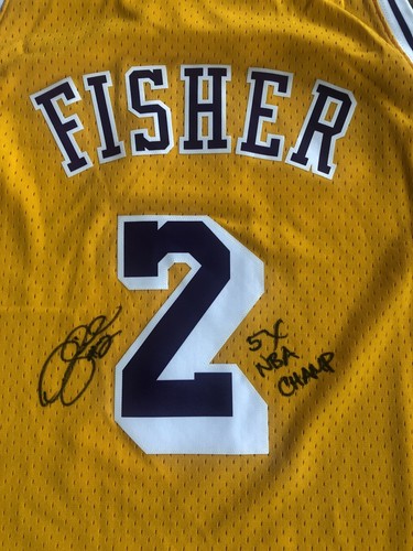 Derek Fisher Signed 5x NBA CHAMP Mitchell Ness Lakers Swingman Jersey PSA Auto - Picture 4 of 11