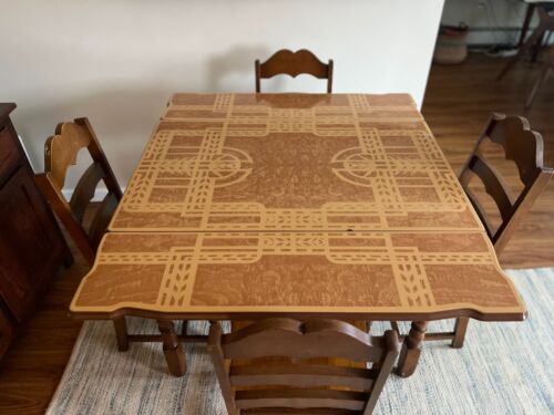 Antique Porcelain Enamel Kitchen Table & 4 Wood Chairs w/ Slide Outs