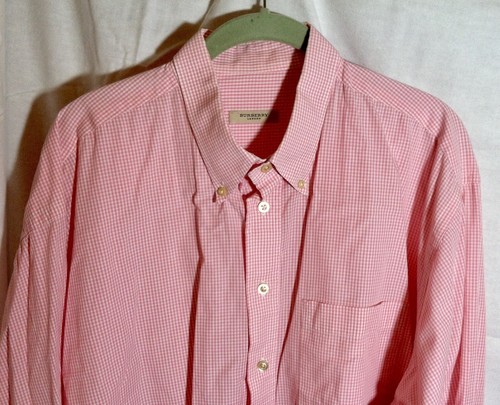 Burberry London Shirt Mens Button Down XL Pink White Check Fine Cotton 17/35