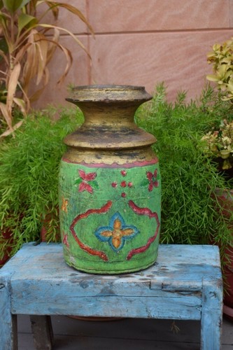 Antique Old Wooden Hand Carved Painted Floral Green Himachal Pot Big Vase - Picture 2 of 8
