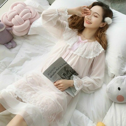 Damen Spitze Rüschen Nachtkleid Retro Lolita Nachtwäsche Nachtwäsche Langarm Fee - Bild 4 von 14