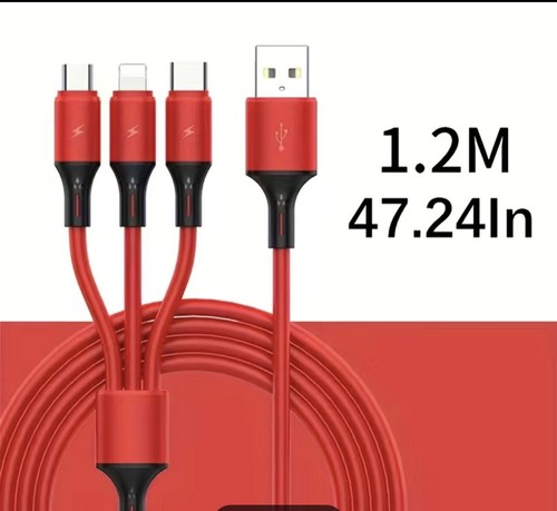 3A Braided One Drag Three For Apple Android Type-C Charging Cable 1.2m 3 in1 Red - Picture 3 of 11