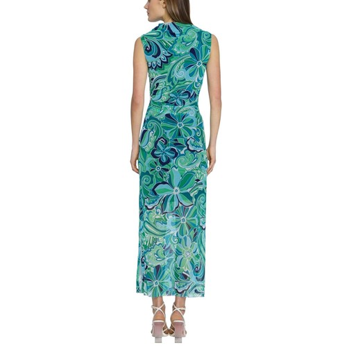 NWT DONNA MORGAN Mesh Overlay Asymmetric Mock Neck Side Slit Maxi Dress Sz:8,12 - Picture 3 of 9