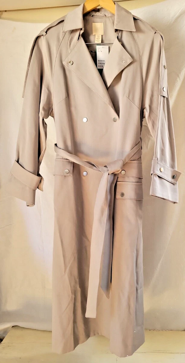 H M Women Sz 6 Taupe Lyocell Snap Belted Long Trench Coat Lined