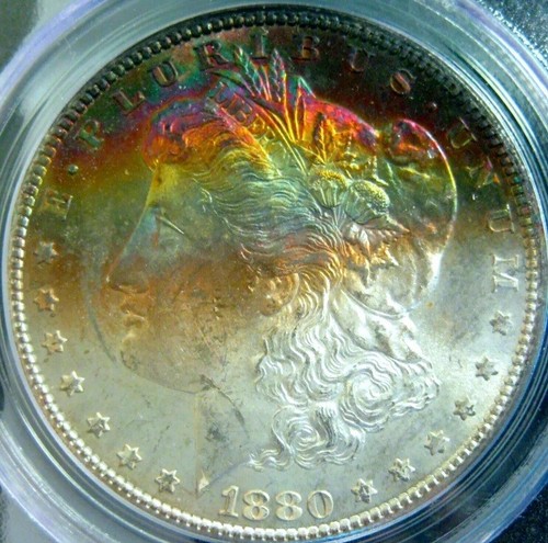 1880 S PCGS MS64 ARCO IRIS TONIFICADO DÓLAR DE PLATA MORGAN COLOR VIVO TONO ANVERSO - Imagen 2 de 6