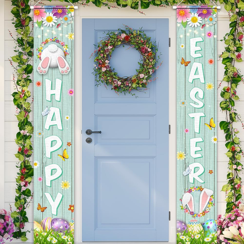 Happy Easter Porch Sign Banner Easter Decorations 2 Pcs Welcome Porch Sign