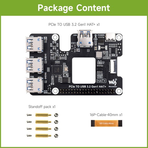 Waveshare PCIe To USB 3.2 Gen1 HAT for Raspberry Pi 5, PCIe to USB HUB, 4x USB - 第 1/17 張圖片
