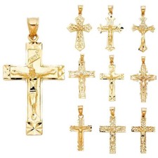 14K Real Yellow Gold Jesus Crucifix Cross Religious Pendant Cross For Woman Men