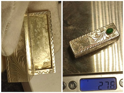 VINTAGE Italien SILBER 800 GEÄTZTER LIPPENSTIFT ETUI HALTER Cabochon Jade mit Spiegel - Bild 12 von 12