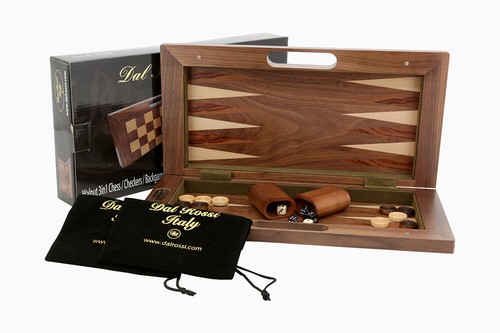 Dal Rossi Italy 3 in 1 Chess Checkers Backgammon Set 40cm Folding Walnut Board - Picture 2 of 5