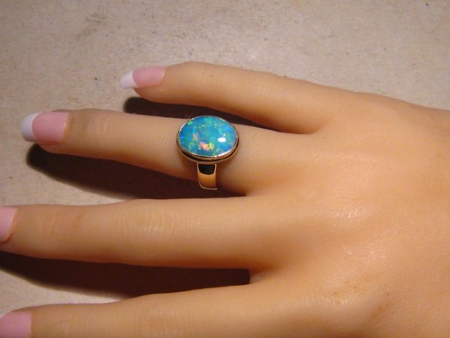 Gem Opal Ring , solid 14 k Yellow Gold , Brilliant Color - Picture 10 of 14